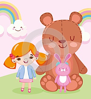 Toys object for small kids to play cartoon, doll teddy bear and rabbit