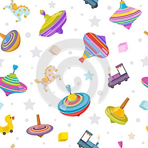 toys pattern. rotated funny games for kids twirl colored gyroscope. Vector seamless background for textile design