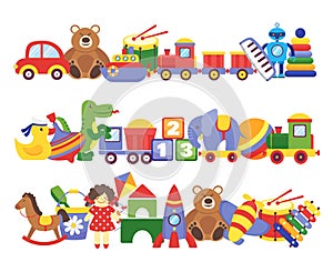 Toys pile. Groups of children plastic game kids toys elephant teddy bear train rocket ship doll dino vector