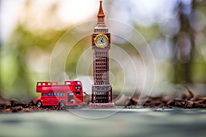 Toys that represent two of the main symbols of the city of London, double-decker bus and The London famous Big Ben model on