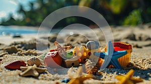 Toys scattered on shore near water and trees