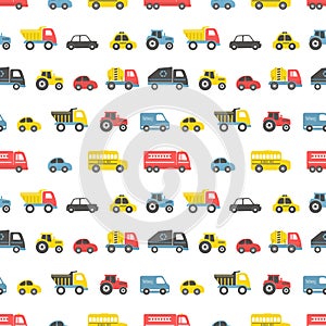 Toys Seamless Pattern. Different toy cars: firefighters car, truck, taxi, bus, concrete mixer truck, garbage truck, delivery truck