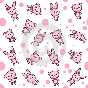 Toys seamless pattern. Teddy bear and bunny. Cozy pattern for childrens print and in the room for the child. Vector