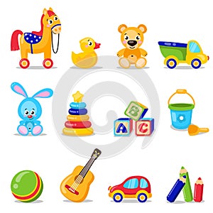 Toys set isolated on white background. Including horse, teddy bear, ball, cubes toys . photo