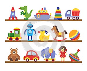 Toys on shelves. Cartoon toy on baby shopping wooden shelf. Dinosaur robot car doll isolated vector