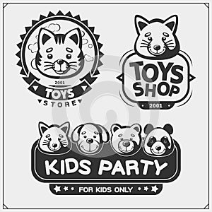 Toys shop and kids zone emblems, labels and design elements. Cute soft plush animal toys.