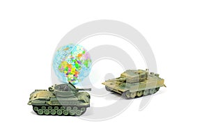 Toys Tank plastic as World War on white background, War, fight army soldier tank Sample picture or War scenario concept