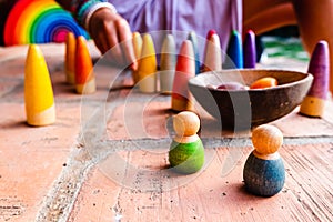 Toys for the unstructured game, made of colored wood to encourage free play