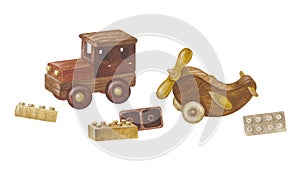 Toys Watercolor illustration. Hand drawn on white isolated background. Drawing of Baby boy wood car and airplane