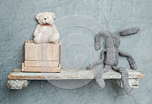 toys on a wooden shelf as digital backdrop or background for newborn baby photography, newborn photo setup and