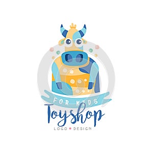 Toyshop for kids logo design, cute badge can be used for baby store, kids market vector Illustration on a white photo