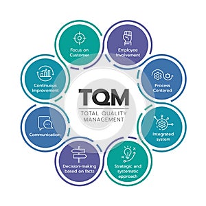 TQM total quality management diagram chart with 8 icon module in circle sign vector design