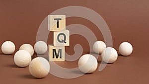 TQM - word is written on wooden cubes on a brown background. close-up of wooden elements.