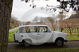 Trabant combi in front of vineyard