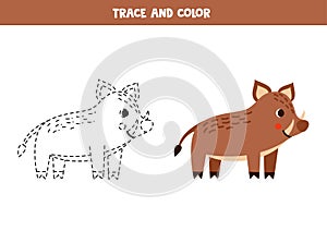 Trace and color cartoon brown boar. Worksheet for children