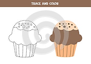 Trace and color cartoon cupcake. Worksheet for children