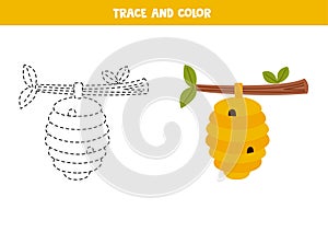 Trace and color cartoon cute beehive. Worksheet for children
