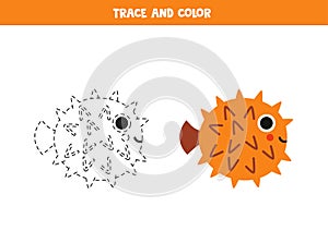 Trace and color cartoon cute blowfish. Worksheet for children