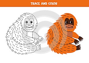 Trace and color cartoon red orangutan. Worksheet for children.