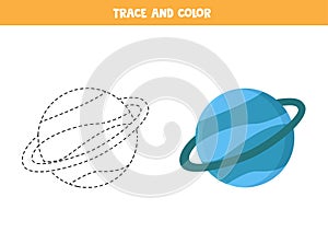 Trace and color cartoon Uranus planet. Funny worksheet for kids.