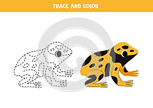 Trace and color cartoon yellow banded poison dart frog . Worksheet for children.