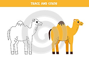 Trace and color cartoon yellow camel. Worksheet for children