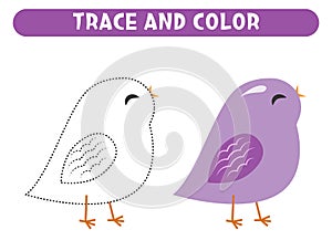 Trace and color cute cartoon purple bird. Worksheet for kids