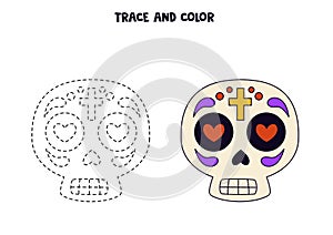 Trace and color cute hand drawn skull. Worksheet for children