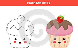 Trace and color cute kawaii cupcake. Educational coloring game.