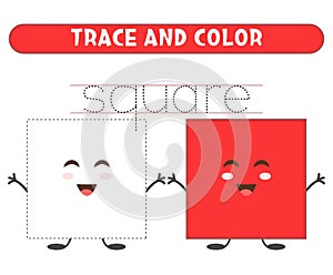 Trace and color cute square. Basic geometric shapes. Worksheet for kids.