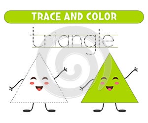 Trace and color cute triangle. Basic geometric shapes. Worksheet for kids.