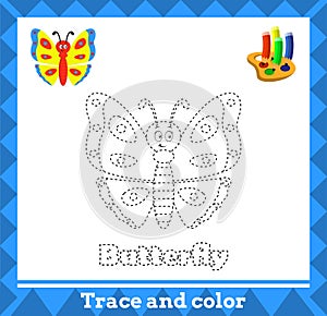 Trace and color for kids, butterfly vector kids activity page