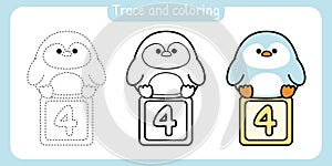 Trace and coloring page for kid.Painted book.Cute penguin with number four on box cartoon