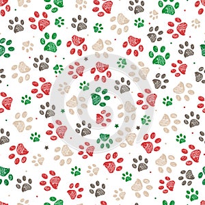 Trace doodle paw prints with stars seamless pattern background