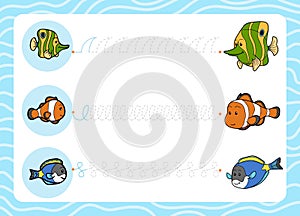 Trace the dotted lines from young fish to their moms. Connect the dots, education game for children