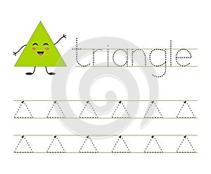 Trace and learn triangle. Basic geometric shapes. Worksheet for kids.