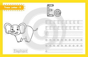 Trace letter E uppercase and lowercase. Alphabet tracing practice preschool worksheet for kids learning English with cute cartoon
