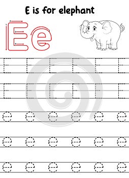 Trace letter E uppercase and lowercase. Alphabet tracing practice preschool worksheet for kids learning English with cute cartoon