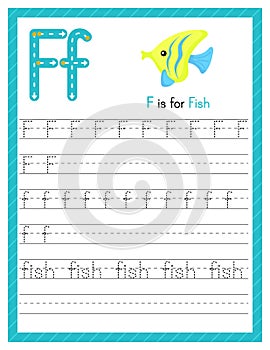 Trace letter F uppercase and lowercase. Alphabet tracing practice preschool worksheet for kids learning English with cute cartoon