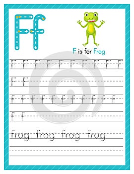 Trace letter F uppercase and lowercase. Alphabet tracing practice preschool worksheet for kids learning English with cute cartoon