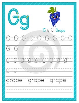 Trace letter G uppercase and lowercase. Alphabet tracing practice preschool worksheet for kids learning English with