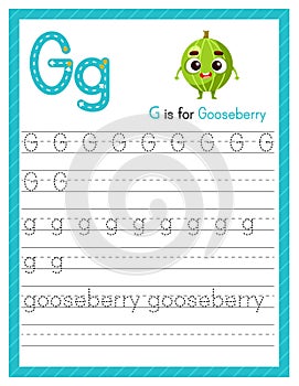 Trace letter G uppercase and lowercase. Alphabet tracing practice preschool worksheet for kids learning English with