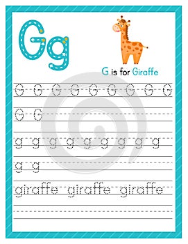 Trace letter G uppercase and lowercase. Alphabet tracing practice preschool worksheet for kids learning English with cute cartoon