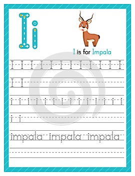 Trace letter I uppercase and lowercase. Alphabet tracing practice preschool worksheet for kids learning English with cute cartoon