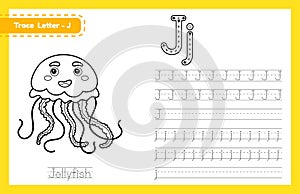 Trace letter J uppercase and lowercase. Alphabet tracing practice preschool worksheet for kids learning English with cute cartoon