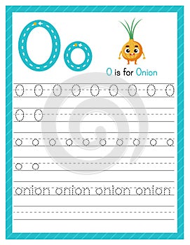 Trace letter O uppercase and lowercase. Alphabet tracing practice preschool worksheet for kids learning English with