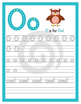 Trace letter O uppercase and lowercase. Alphabet tracing practice preschool worksheet for kids learning English with cute cartoon
