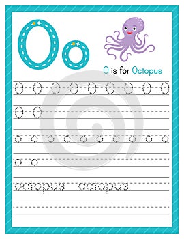 Trace letter O uppercase and lowercase. Alphabet tracing practice preschool worksheet for kids learning English with cute cartoon