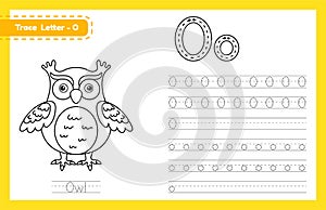 Trace letter O uppercase and lowercase. Alphabet tracing practice preschool worksheet for kids learning English with cute cartoon