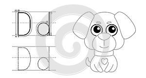 Trace the letter and picture and color it. Educational children tracing game. Coloring alphabet. Letter D and funny dog photo